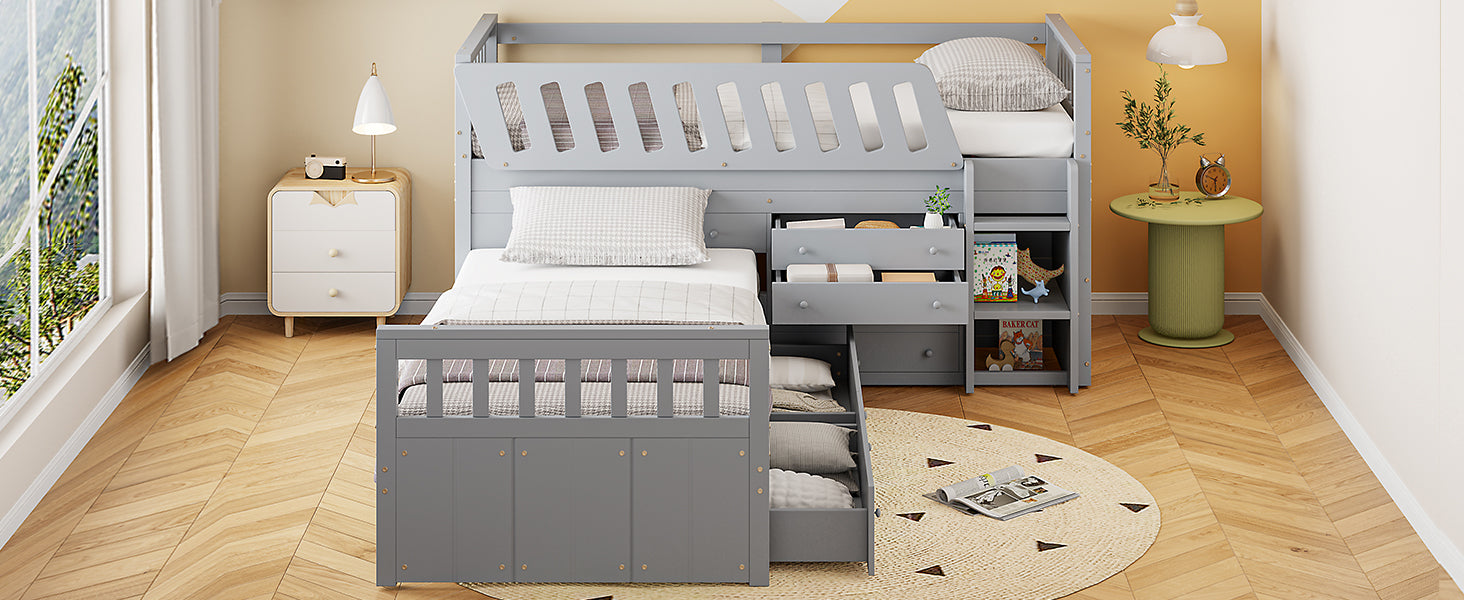 L Shaped Space Saving Twin Loft And Twin Platform Bed With 7 Drawers And Full Guardrails Gray Twin Gray Solid Wood