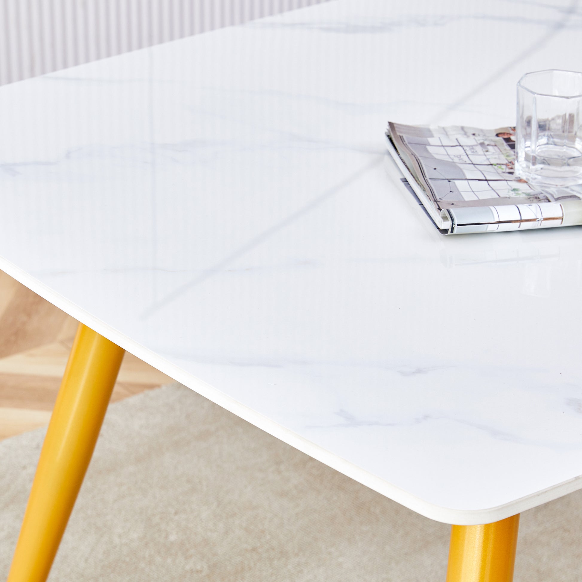 Modern Minimalist Dining Table. White Imitation Marble Pattern Sintered Stone Desktop With Golden Metal Legs.62"*34.6"*29.9" F 001 Gold Sintered Stone