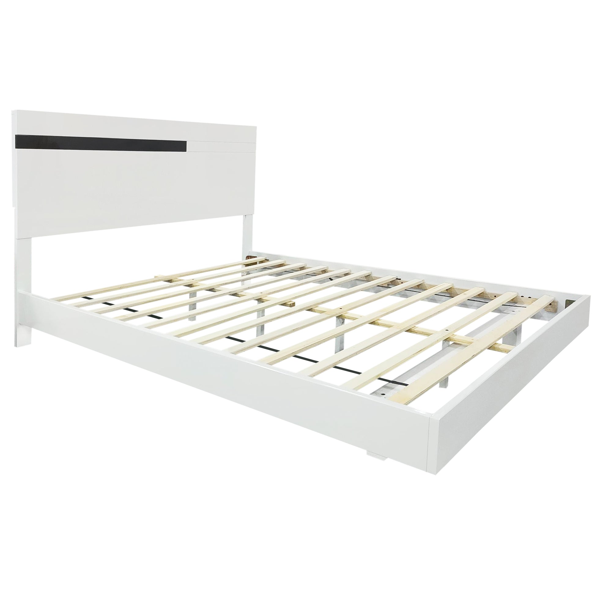 Modern High Gloss 3 Piece Bedroom Set Floating Bed Frame Queen Size Platform Bed With Led Light & 2 Nightstands, White Box Spring Not Required Queen White Wood 3 Piece Set Solid Wood Mdf