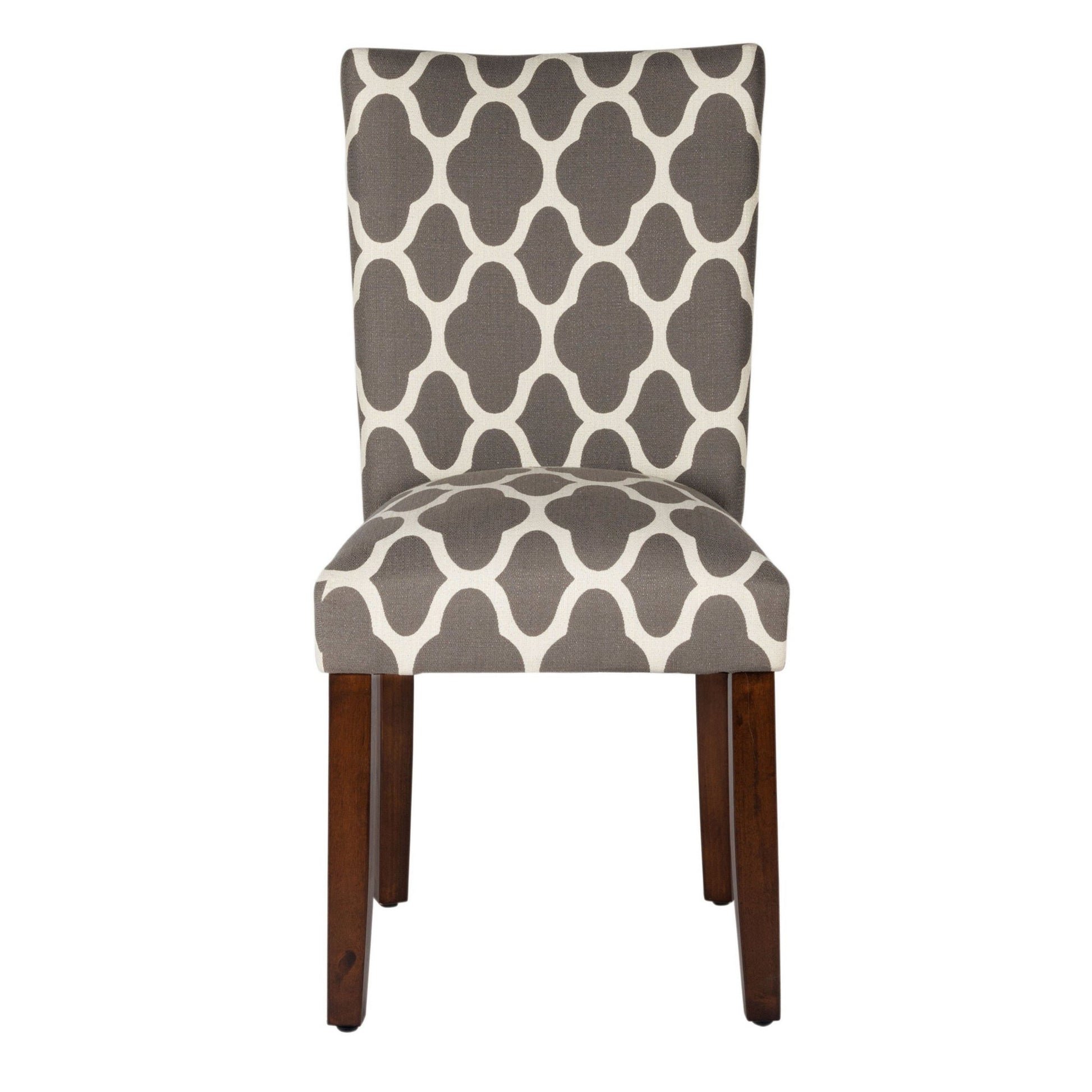 Wooden Parson Dining Chair With Quatrefoil Pattern Fabric Upholstery, Gray And White, Set Of Two Grey White Wood Fabric