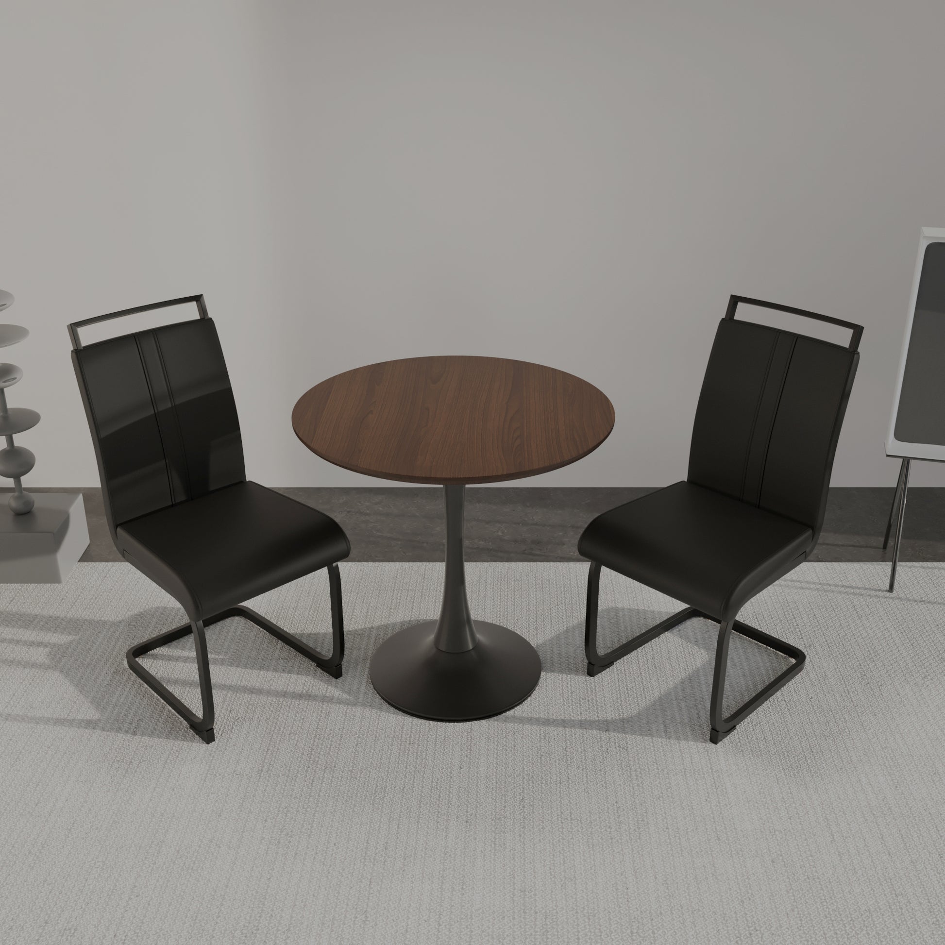 Walnut Circular Dining Table, 31.5 "Tulip Dining Table, Kitchen Dining Table For 2 4 People, Mdf Tabletop And Base, And 2 Black Pu Black Metal Leg Dining Chairs Set 2 Walnut Mdf