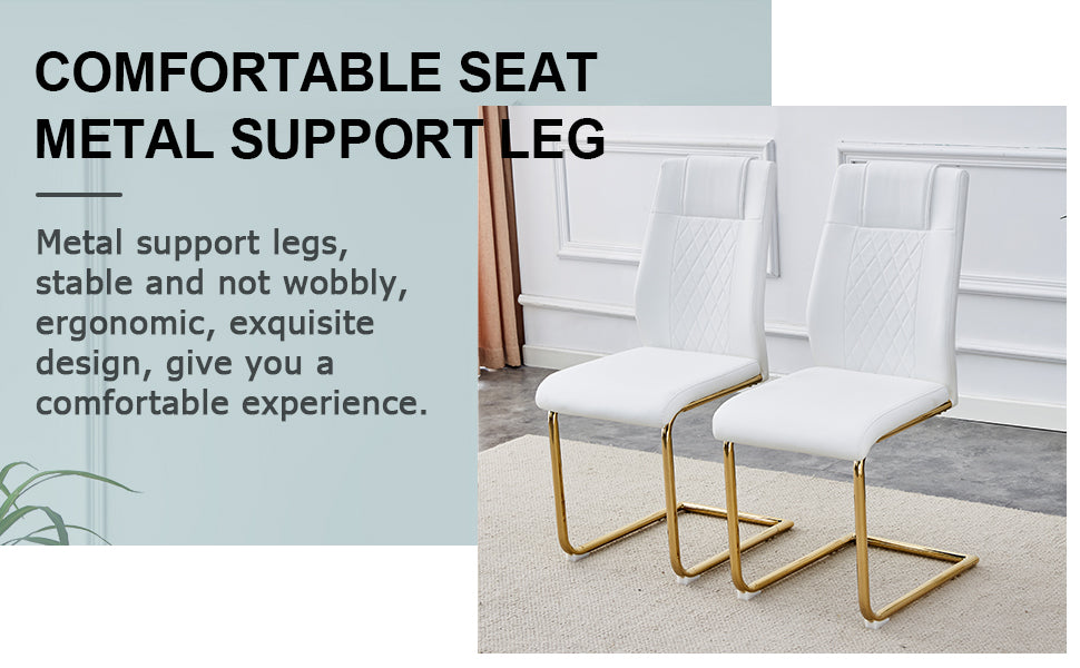 Table And Chair Set.The Table Has A Glass Tabletop With Imitation Marble Pattern Stickers And Stainless Steel Golden Table Legs. Paried With Comfortable Chairs With Pu Seats And Metal Legs. White Gold Seats 8 Glass Metal