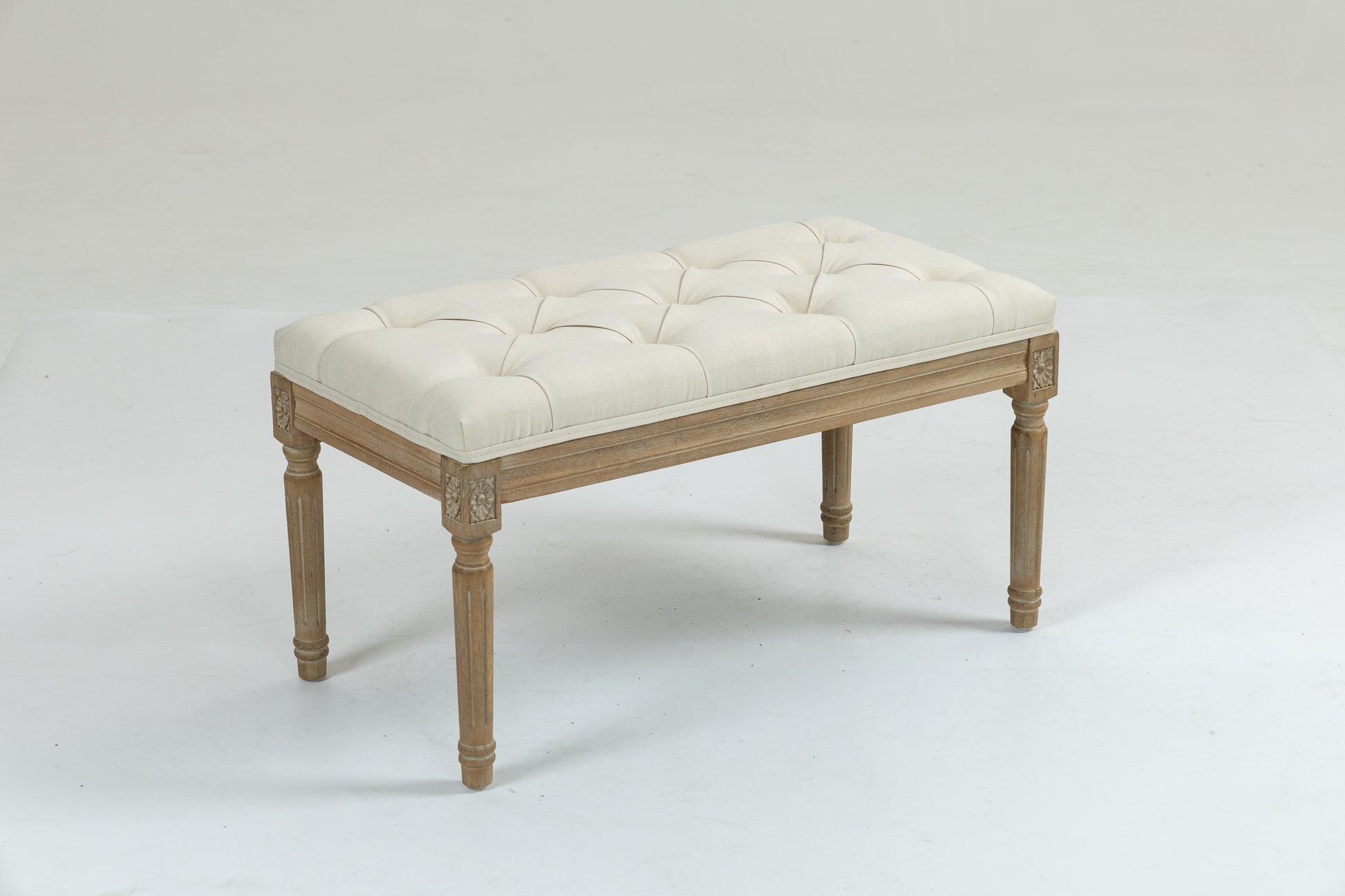 Traditional Rectangle Tufted Ottoman Bench In Beige Linen Look Fabric, For The Living Room And Bedroom Beige Rubber Wood