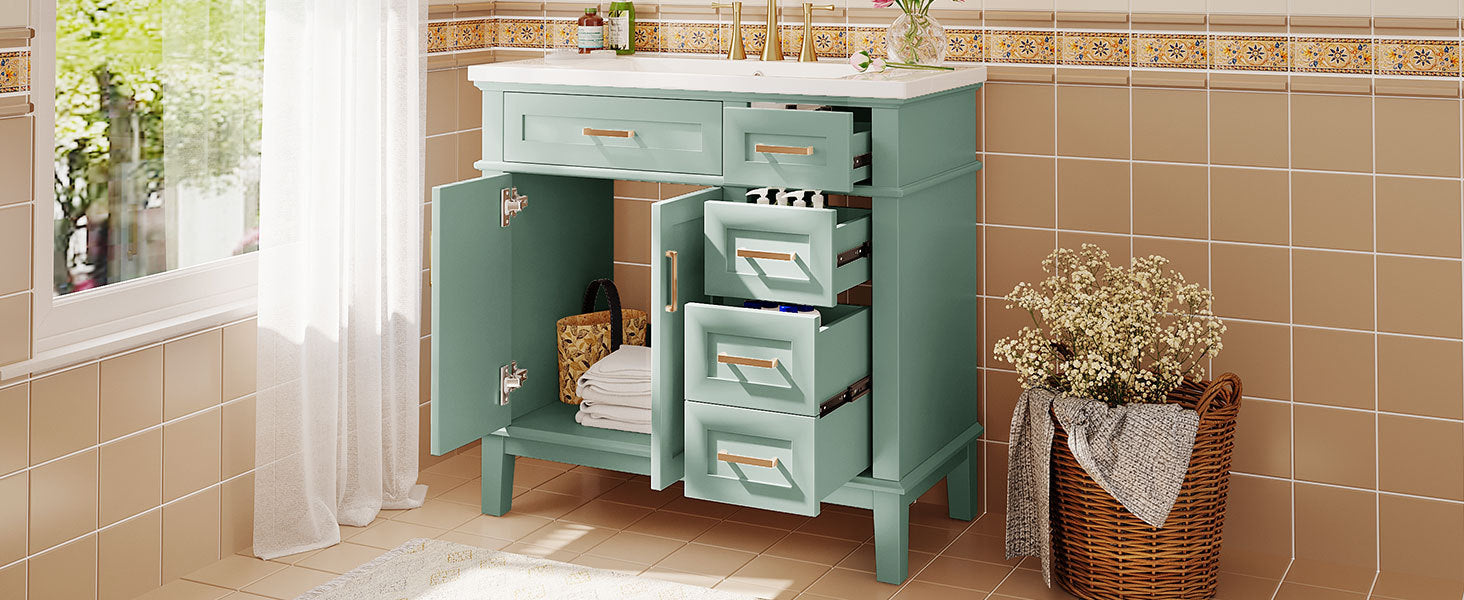 36 Inch Bathroom Vanity With Resin Sink, Modern Bathroom Cabinet In Green, Featuring Two Soft Close Doors And Four Drawers Green Bathroom Solid Wood Mdf Resin