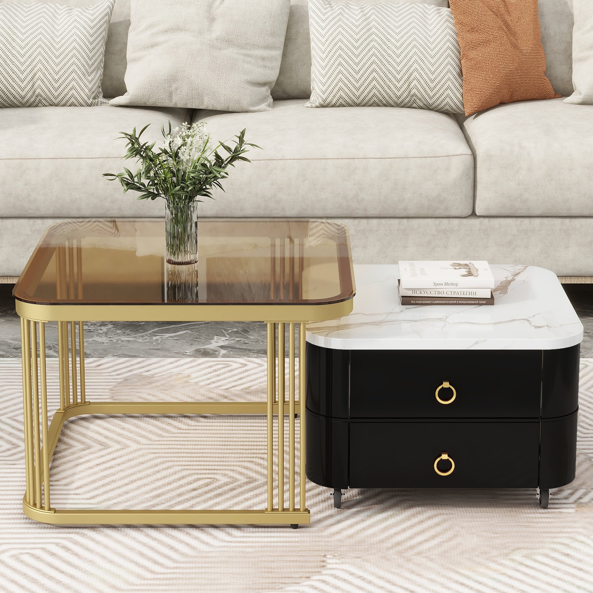 2 In 1 Square Nesting Coffee Table With Wheels & Drawers, Stackable Side Table With High Gloss Marble Grain Top, End Table Set With Brown Tempered Glass For Living Room, Black Black Gold Primary Living Space Drawers Square Mdf Steel