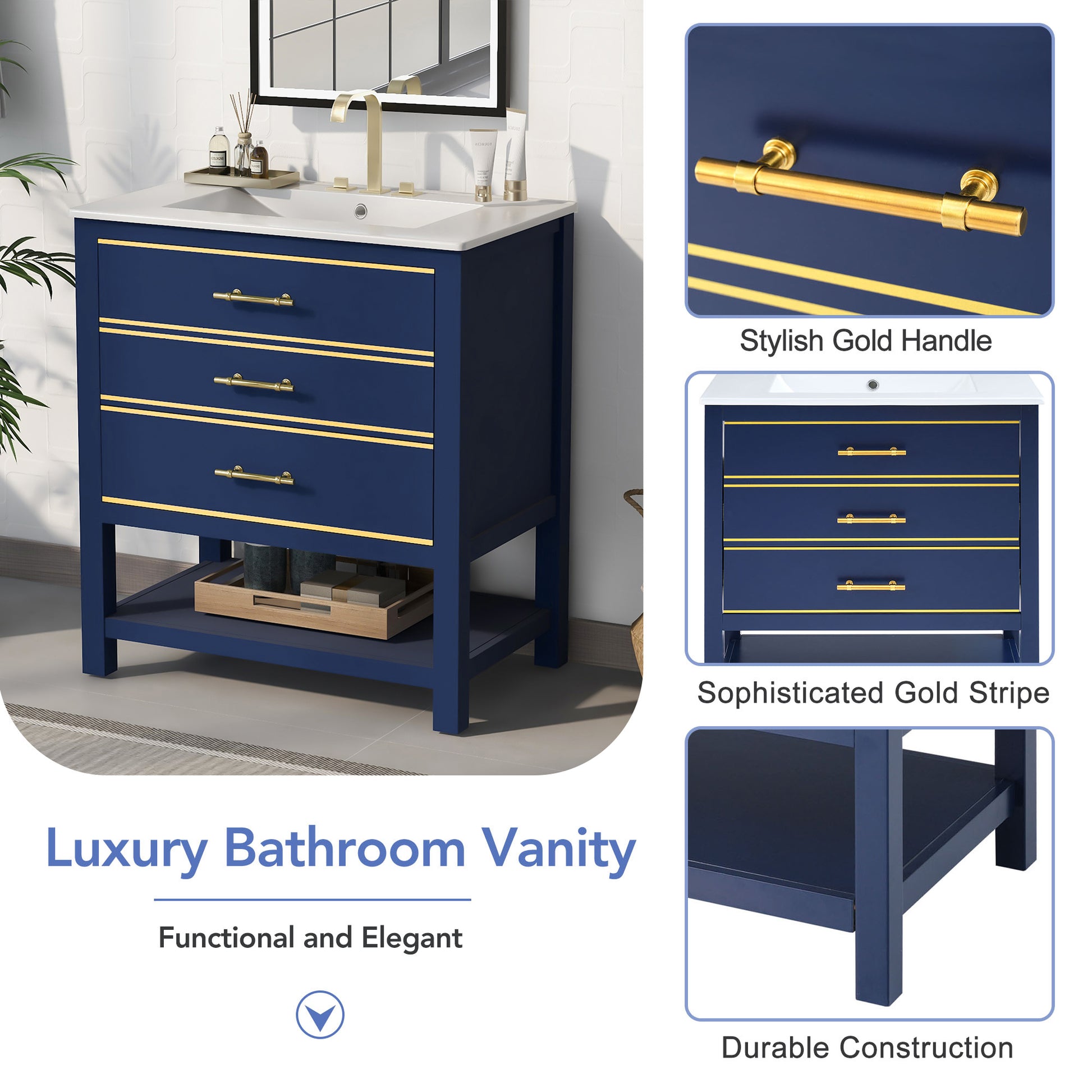 Viedo Modern 30Inch Navy Blue White Bathroom Vanity Cabinet Combo With Openstorge, Two Drawers Blue Bathroom Solid Wood Mdf