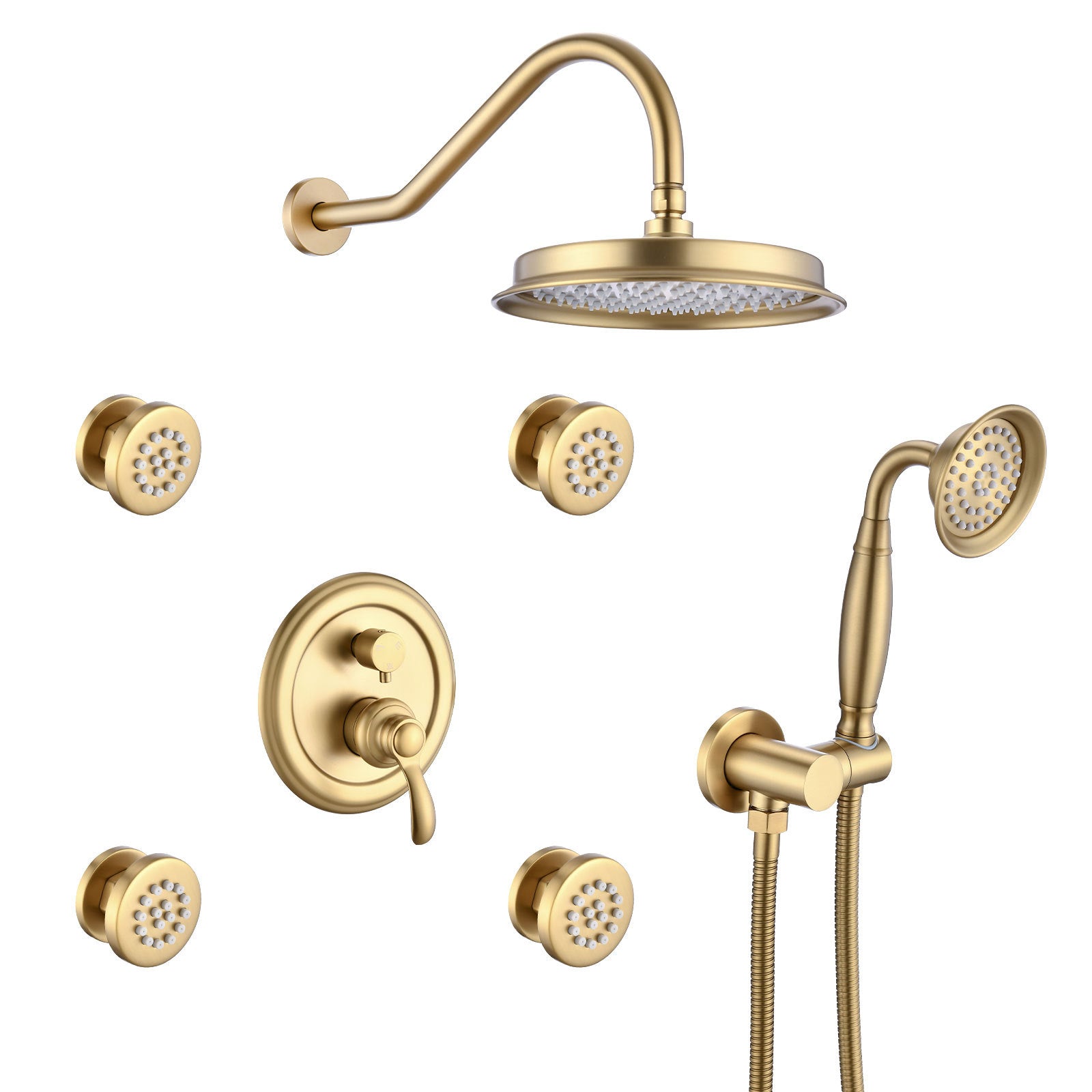 Brushed Gold Shower System With Handheld And 4 Body Sprays Brushed Gold Brass