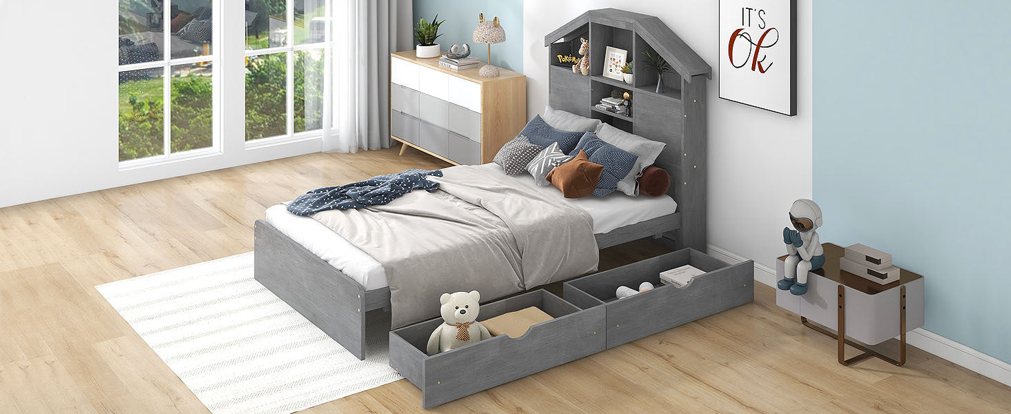 Twin Size Wood Platform Bed With House Shaped Storage Headboard And 2 Drawers, Gray Box Spring Not Required Twin Gray Wood Bedroom Solid Wood Mdf