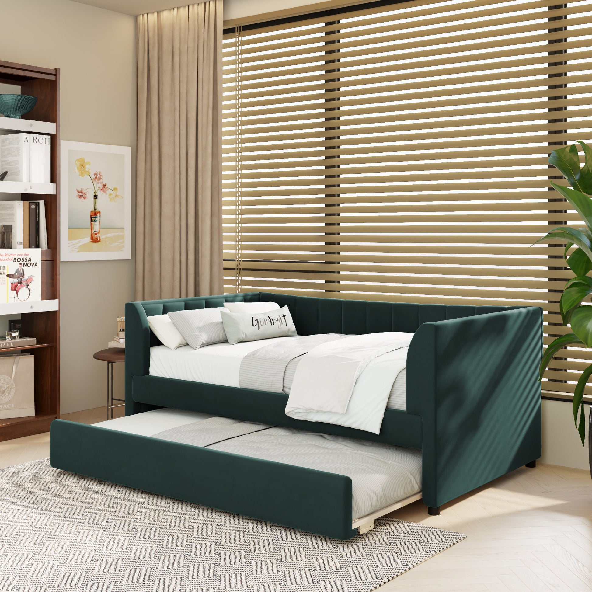 Twin Size Upholstered Velvet Daybed With Trundle, Green Box Spring Not Required Twin Green Wood Bedroom Bed Frame Velvet Upholstered