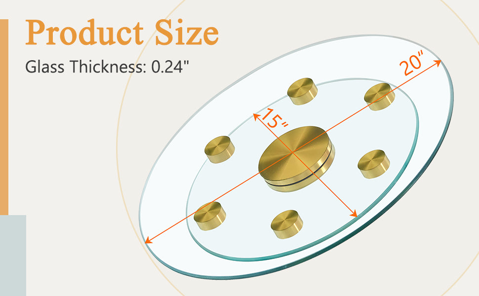 Double Layer Rotatable Round Glass.Golden Aluminum Plate,The Rotatable Design Makes It Convenient To Retrieve And Place Items.The Upper Glass Has A Diameter Of 20 Inches,The Lower Glass15 Inches.