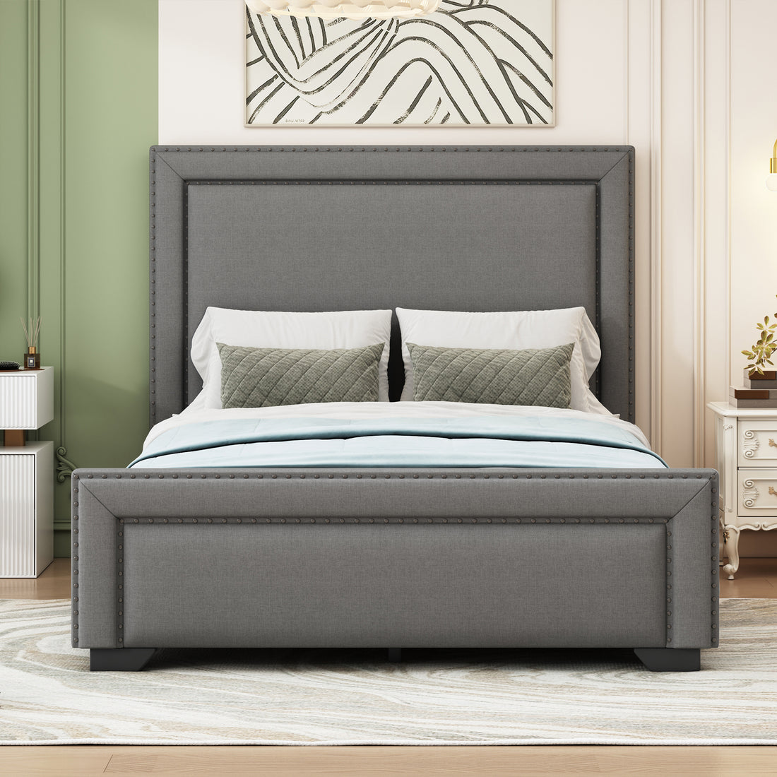 Queen Size Upholstered Bed ,Modern Upholstered Bed With Wooden Slats Support, No Box Spring Needed, Easy Assembly, Gray Box Spring Not Required Queen Gray Plywood