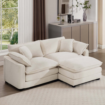 Corduroy Two Seater Sofa With 1 Footrest, L Shaped 2 Seater Sofa With Ottoman For Small Living Spaces, Light Beige Corduroy Sofa Beige Corduroy 2 Seat