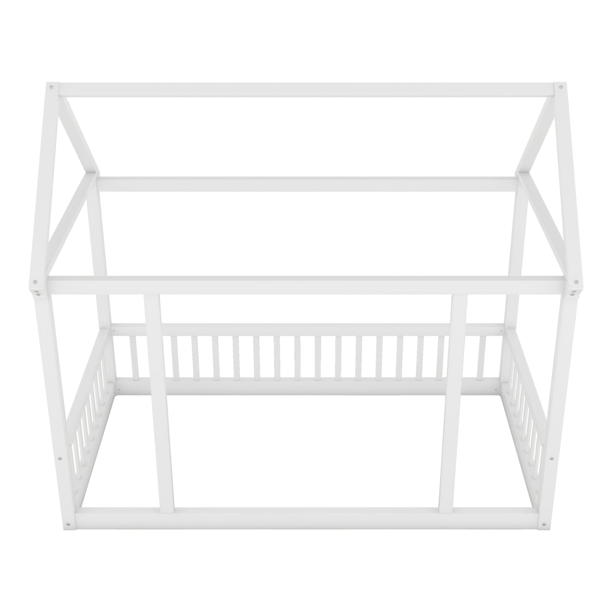 Twin Size Floor Wooden Bed With House Roof Frame And Safety Guardrails ,White Twin White Pine