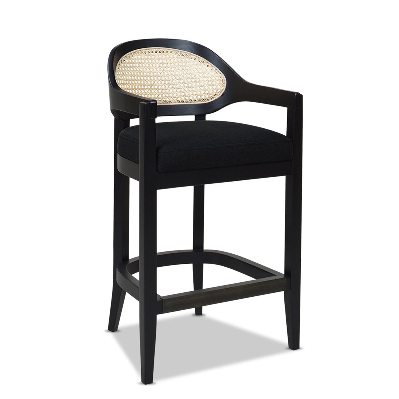 Americana Mid Century Modern 26" Cane Back Counter Stool, Jet Black Woven Black Foam Wood Fabric Rattan