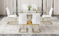 Table And Chair Set.Modern Rectangular Dining Table With Transparent Tempered Glass Tabletop And Gold Plated Metal Legs.Paried With 6 Comfortable Chairs With Pu Seats And Golden Metal Legs. Transparent,White Gold Seats 6 Glass Metal