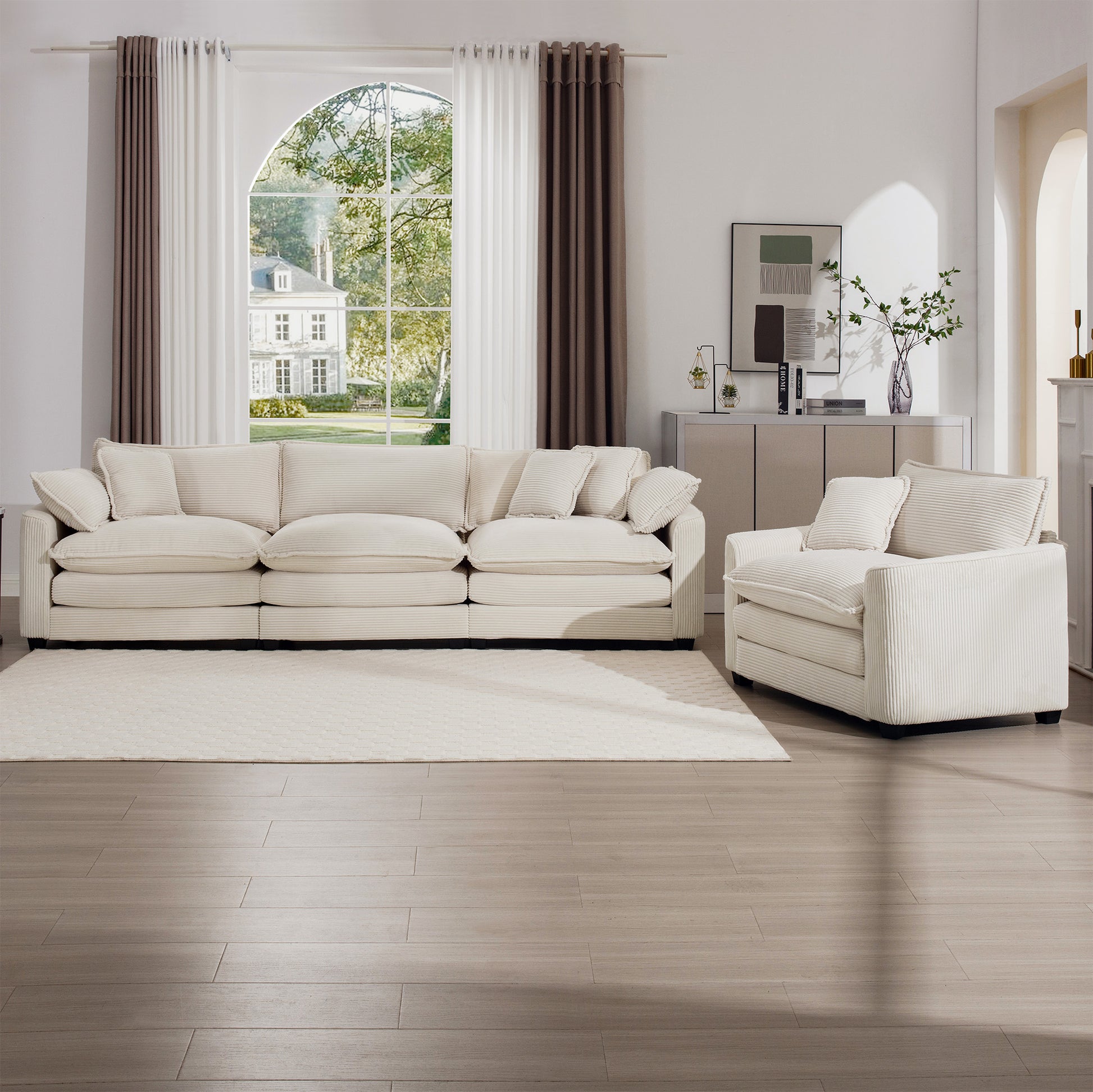 Mid Century Modern Set Of 2 Sofas With One 3 Seater Sofa And One Single Accent Chair, Light Beige Corduroy Fabric Beige Corduroy 4 Seat