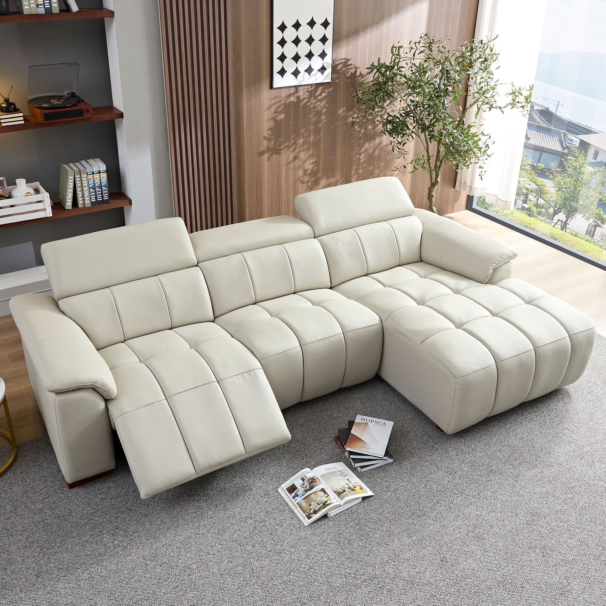 Wall Hugger Reclining Sofa Modern Electric Control Genuine Leather L Shaped Couch,Lounge Seat Theater Seating Furniture With Usb Port, Sofa With Headrest & Footrest For Living Room,Apartment,Office Light Grey Genuine Leather 3 Seat