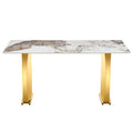 Modern Rectangular Table With Marble Patterned Rock Slab Tabletop, Paired With Stainless Steel Gold Plated Table Legs, Suitable For Kitchen, Dining Room, And Living Room 63 Inches * 31.4 Inches. Gold Sintered Stone