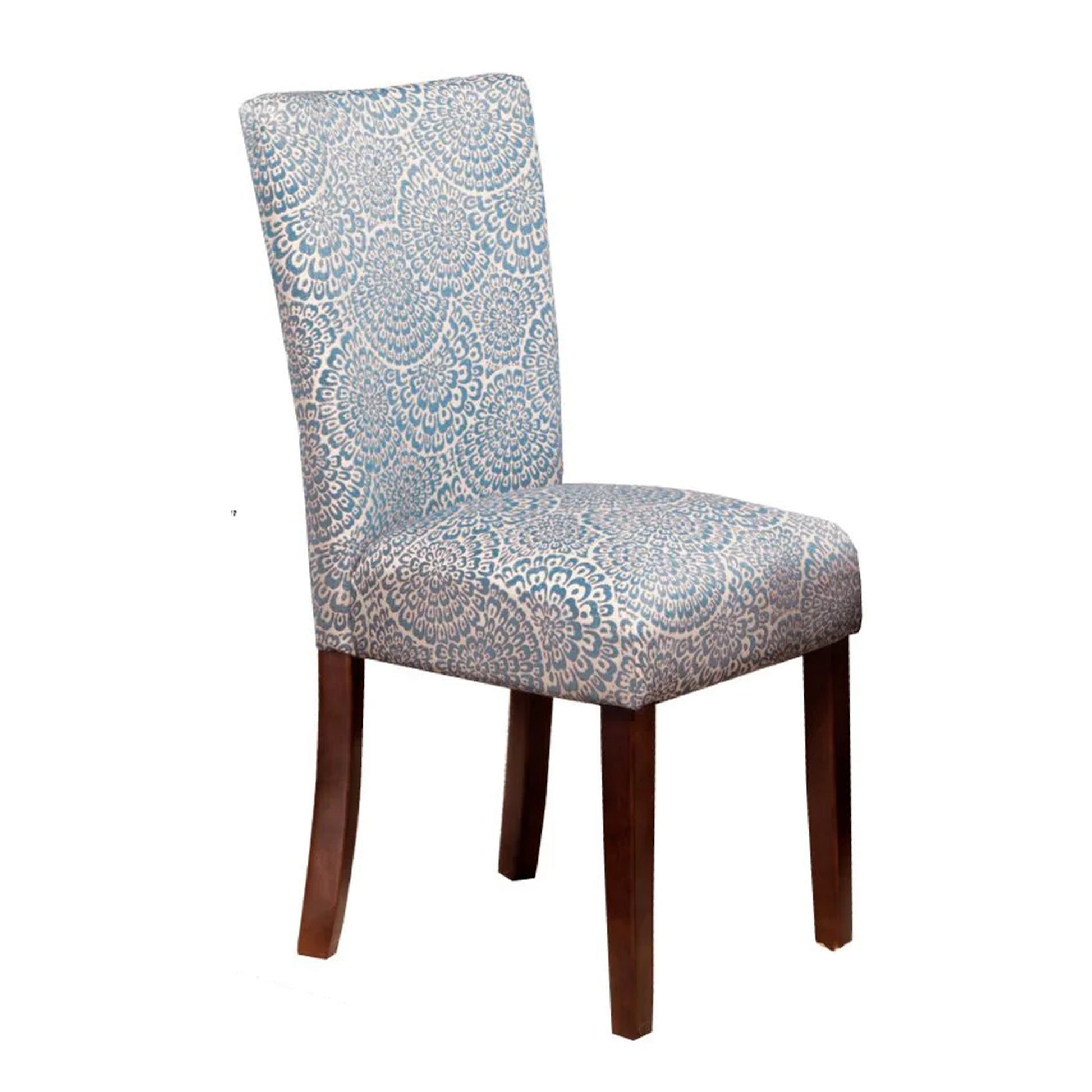 Wooden Parson Dining Chairs With Floral Patterned Fabric Upholstery, Blue And White, Set Of Two Blue Wood Fabric