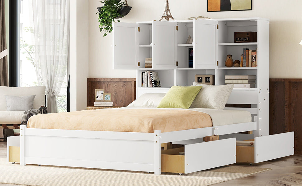 Queen Size Platform Bed With Storage Headboard And 4 Drawers, White Box Spring Not Required Queen White Wood Bedroom Bed Frame Solid Wood Mdf