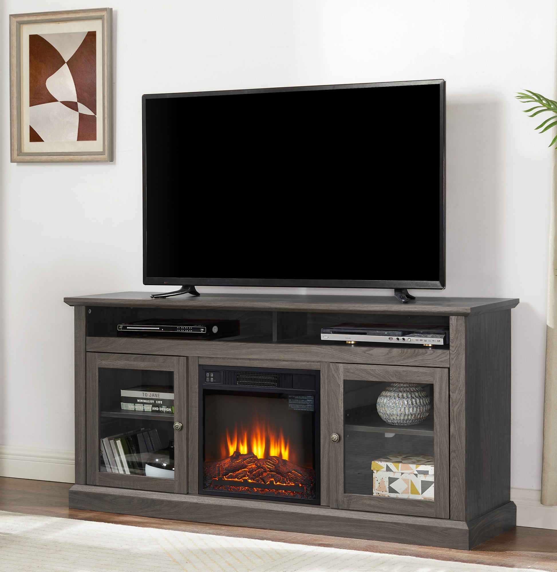 Contemporary Tv Media Stand Modern Entertainment Console With 18" Fireplace Insert For Tv Up To 65" With Open And Closed Storage Space, Dark Walnut Black, 60"W*15.75"D*29"H Black Dark Walnut Primary Living Space 60 69 Inches 60 69 Inches 65 Inches Mdf