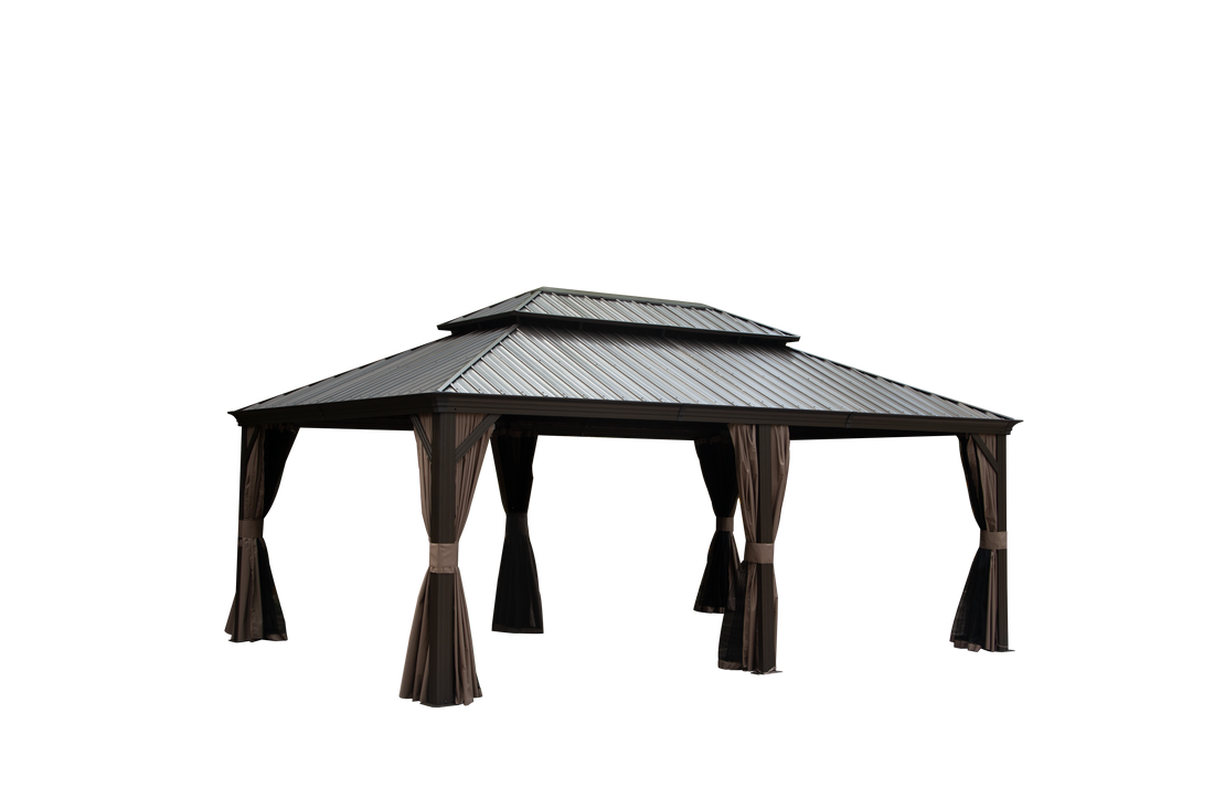 Outdoor Living 14X20Ft Hardtop Gazebo, Permanent Metal Gazebo With Galvanized Steel Double Roof And Aluminum Frame, Curtain And Netting, Large Pavilion Gazebo For Patio Deck Garden Brown Aluminum