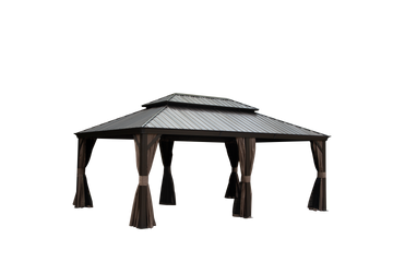 Outdoor Living 14X20Ft Hardtop Gazebo, Permanent Metal Gazebo With Galvanized Steel Double Roof And Aluminum Frame, Curtain And Netting, Large Pavilion Gazebo For Patio Deck Garden Brown Aluminum