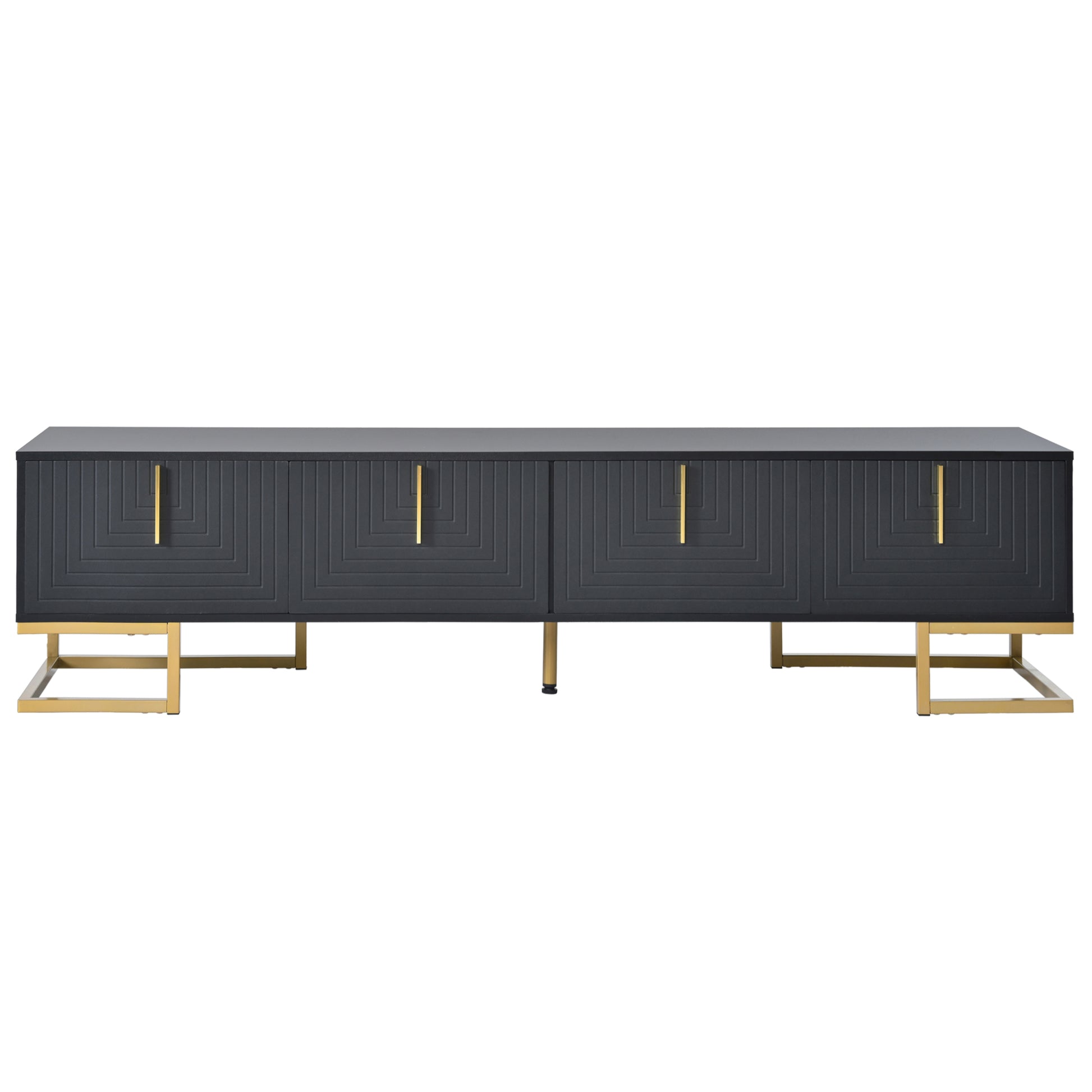 Modern Tv Stand With Metal Legs And Gold Handles For Tvs Up To 80'', Media Console Table With Cabinets And Adjustable Shelves, Luxury Tv Cabinet With Geometric Lines For Living Room, Black Black Gold Primary Living Space 80 89 Inches 80 89 Inches 80