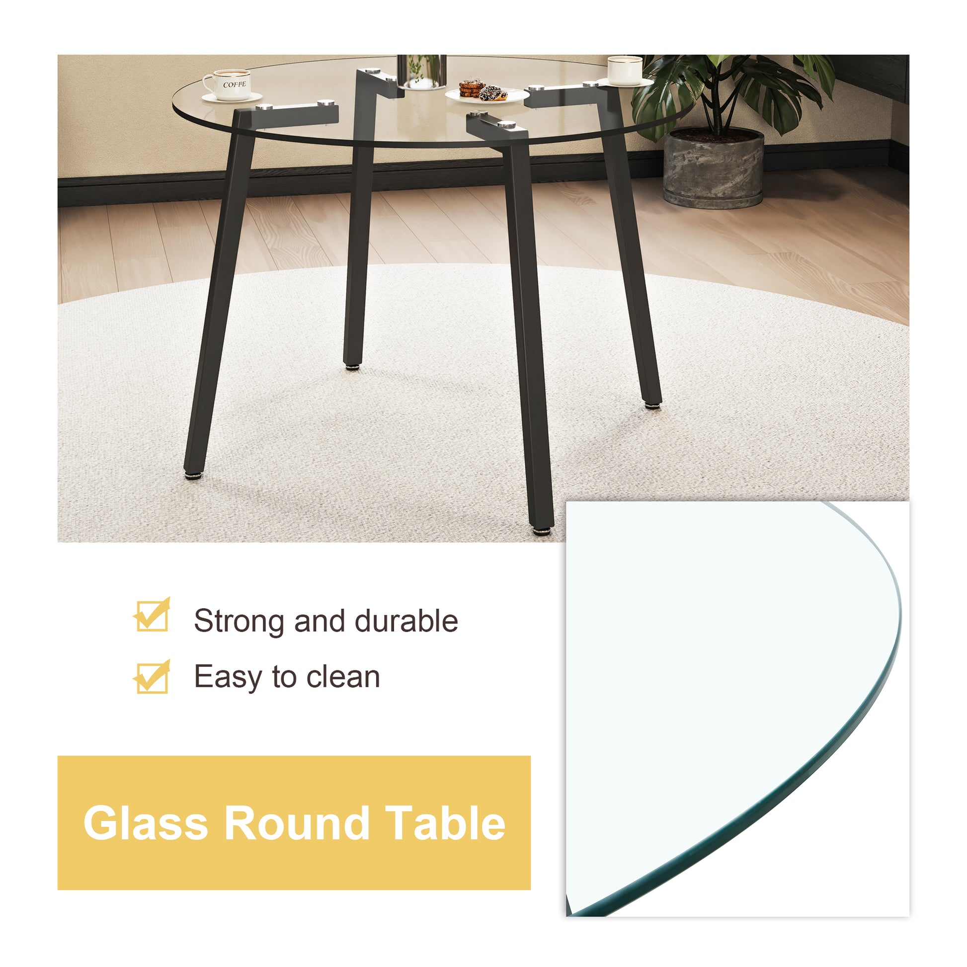 Table And Chair Set.A Modern Minimalist Style Round Clear Tempered Glass Table With Black Metal Legs.Paried With 4 Chairs With Modern Pu Leather High Back Upholstered And C Tube Black Metal Legs.