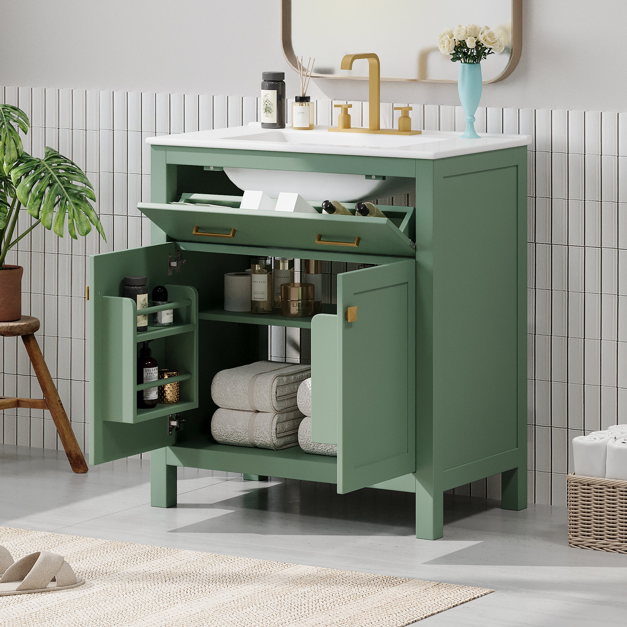 30 Inch Bathroom Vanity With Ceramic Sink, Modern Green Single Bathroom Cabinet With 2 Doors And A Shelf, Soft Close Doors Green Bathroom Solid Wood Mdf