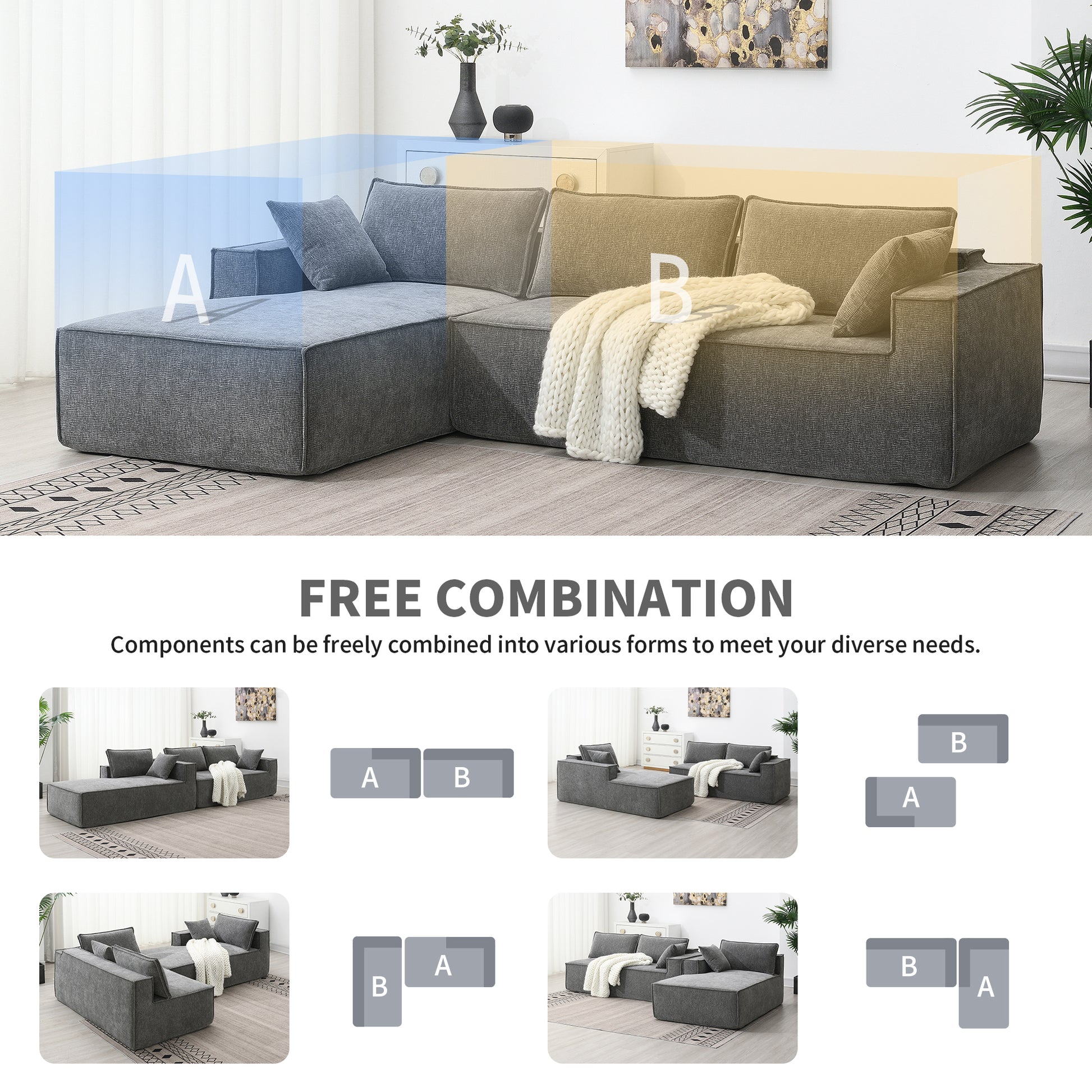 111.5*72"Minimalist Style Modular Sectional Sofa,Wrinkle Resistant Chenille Couch Set,L Shaped Sleeper Sofa Bed For Living Room,2 Pic Free Combination,No Assembly Require,3 Colors Gray Chenille 4 Seat