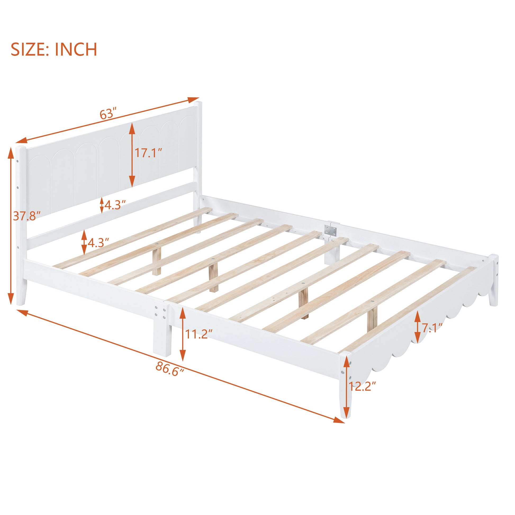 Queen Size Wood Platform Bed Frame, Retro Style Bed With Rectangular Headboard,No Need Box Spring,White Queen White Wood