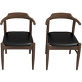 Leon Mid Century Modern Leather Dining Chair Set Of 2 Black,Wood Brown Dining Room Genuine Leather,Solid Wood