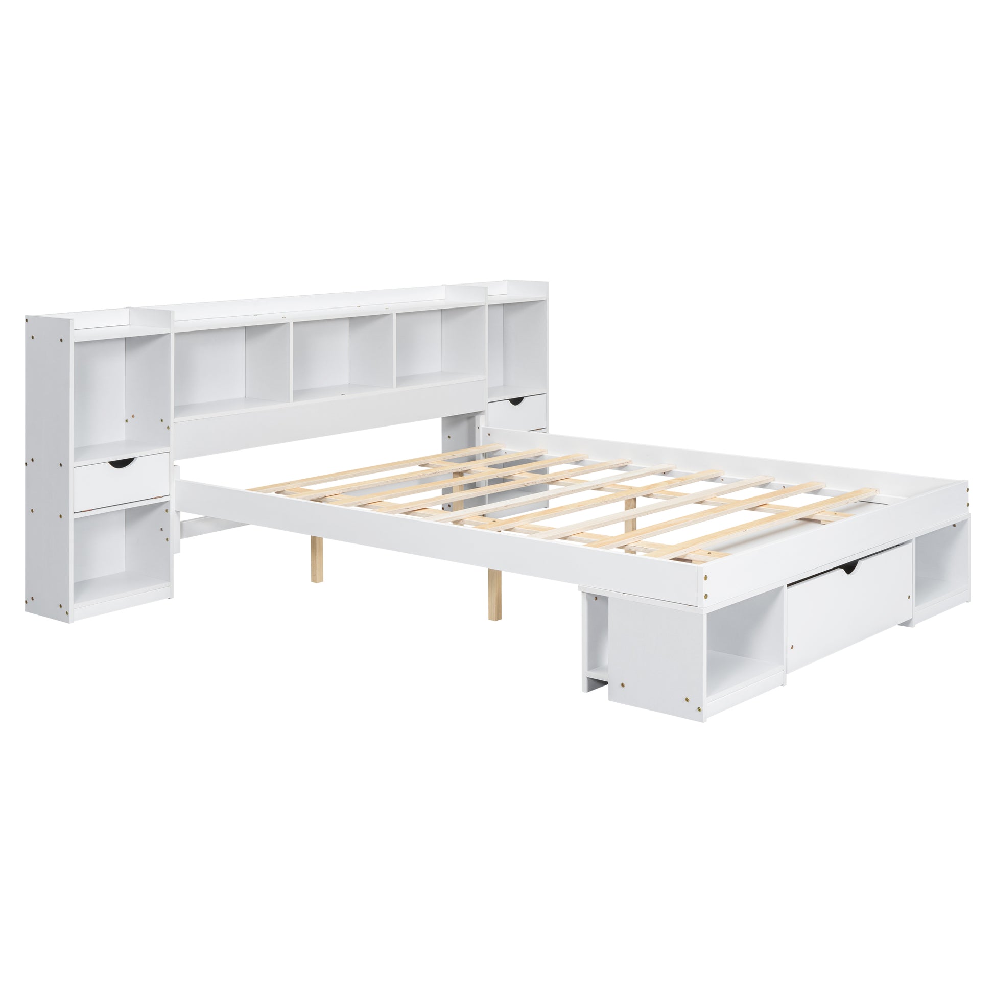 Queen Size Wood Platform Bed With Multi Storage Headboard And A Drawer, White Box Spring Not Required Queen White Wood Bedroom Bed Frame Solid Wood Mdf