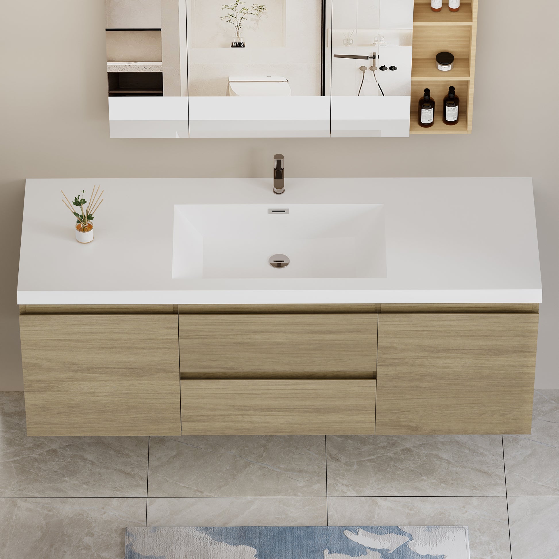 60" Floating Bathroom Vanity with Sink, Modern Wall 2-oak-2-bathroom-wall mounted-melamine