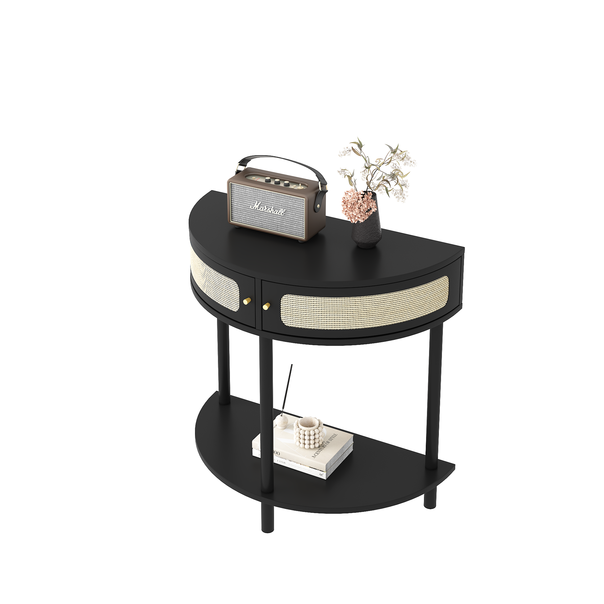 Unique Half Moon Design End Table With Rattan Door,Elegant Semicircle Sofa Side Table With 2 Rattan Storage Cabinet And Bottom Shelf For Living Room, Bedroom Black Primary Living Space Boho Freestanding Semicircular Drawers Coffee & End Tables Polished