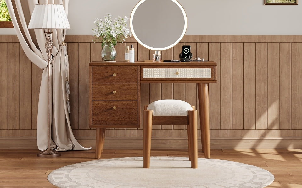 39" Retro Bohemian Style Wooden Makeup Vanity Set With Charging Plug&Usb Port And Stool, Dressing Table With 3 Storage Drawers And 1 Rectangular 39" Retro Bohemian Style Wooden Makeup Vanity Set With Charging Plug&Usb Port And Stool, Dressing Table With 3 Storage Drawers And 1 Rectangular