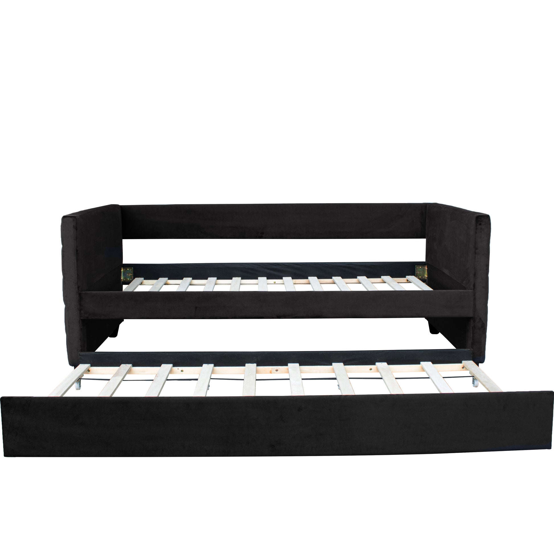 Black Upholstered Twin Size Daybed With Trundle, Velvet Fabric, Gold Iron Bar Design, No Springs Required, Moderen Style Box Spring Not Required Twin Black Wood Espresso Bedroom Minimalist,Modern,Ultra Modern Rubberwood Fiber Foam And Polyester Fiber Pad