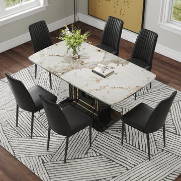 Modern Dining Table Set, 7 Piece Faux Marble Kitchen Table For 6 8, Glass Rectangular Dining Room Table With U Shaped Table Legs, Dining Table & 6 Chairs Metal Black Rectangular Mdf Glass