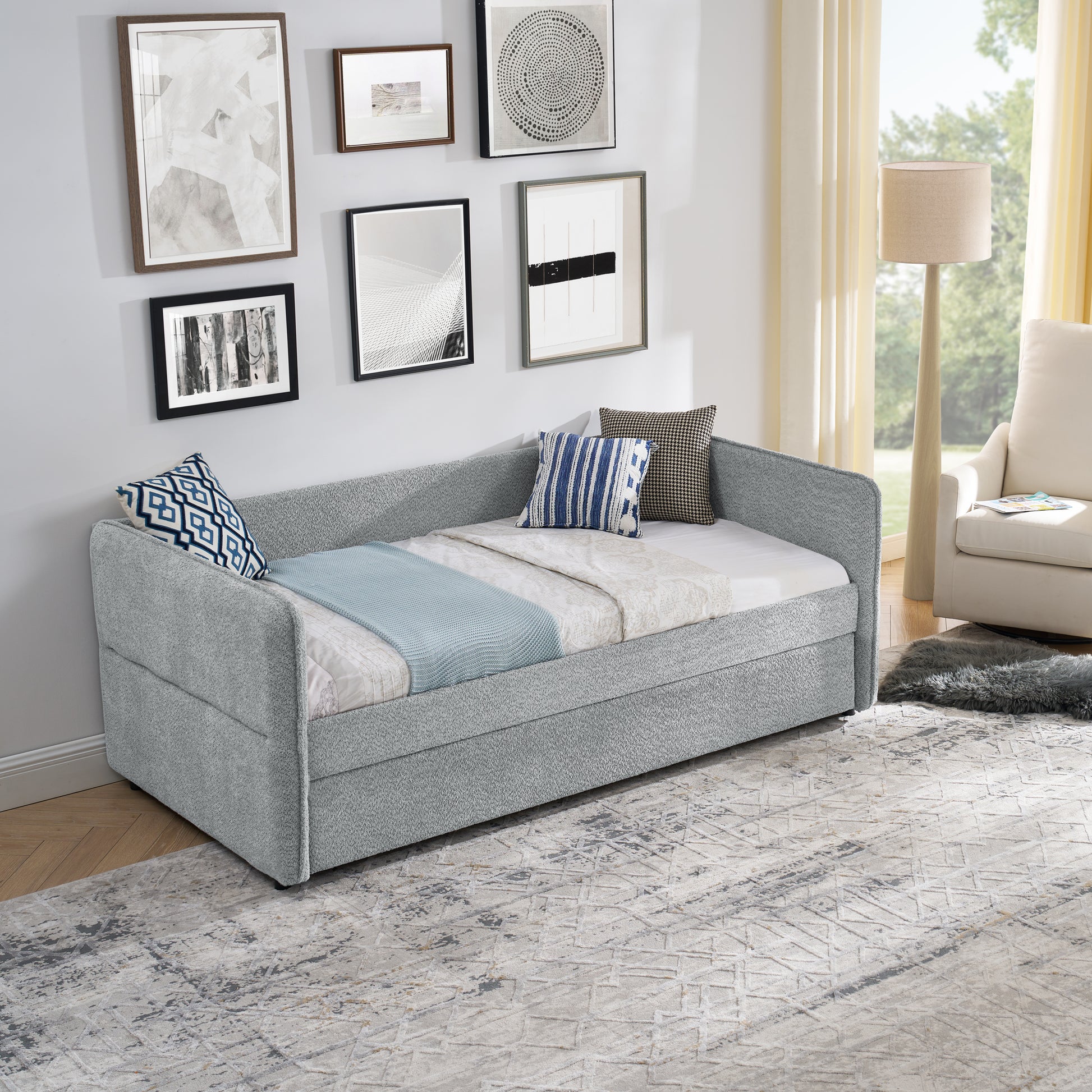 Daybed With Trundle Upholstered Tufted Sofa Bed, Twin Size, Boucle Fabric, Grey 83"X43"X29.5" Grey Boucle