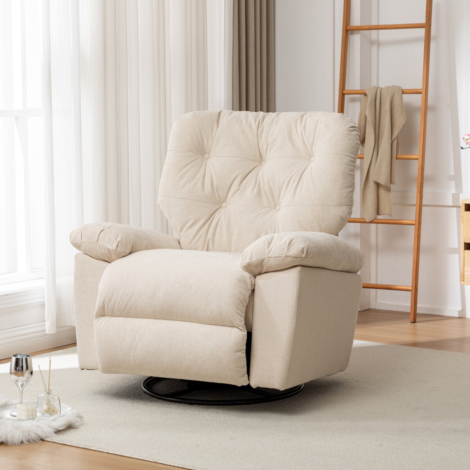 Beige Relaxing Recliner Chair,Soft Artificial Fleece, Overstuffed, Swivel, Glider, Side Pocket Beige Manual Push Button Wood Medium Soft Tufted Back Modern Push Button Oak Cotton Fleece