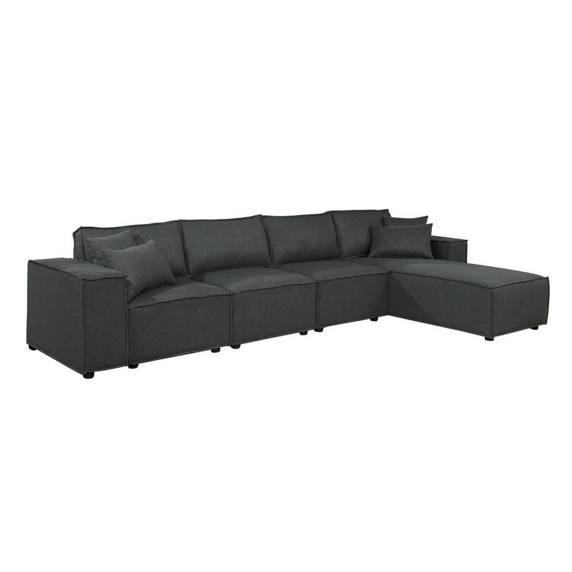 Kode 132 Inch Modular Sofa With Reversible Chaise And Pillows, Dark Gray Gray Wood Fabric 4 Seat