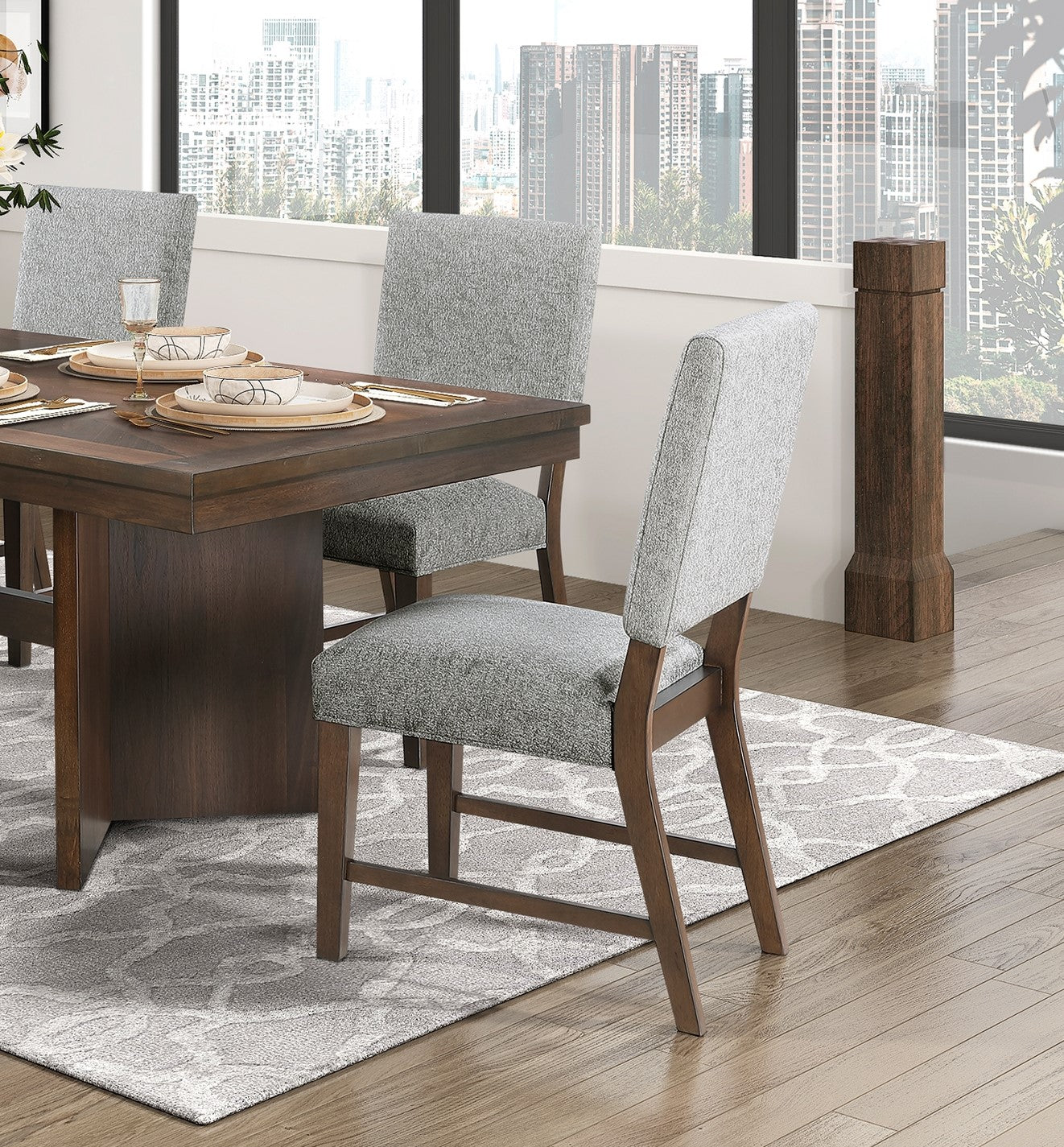 Walnut Finish Modern Dining Set 7Pc Table With Self Storing Extension Leaf And 6 Chairs Upholstered Wooden Furniture Wood Wood Walnut Seats 6 Wood Dining Room Self Storing Leaf Extendable Trestle