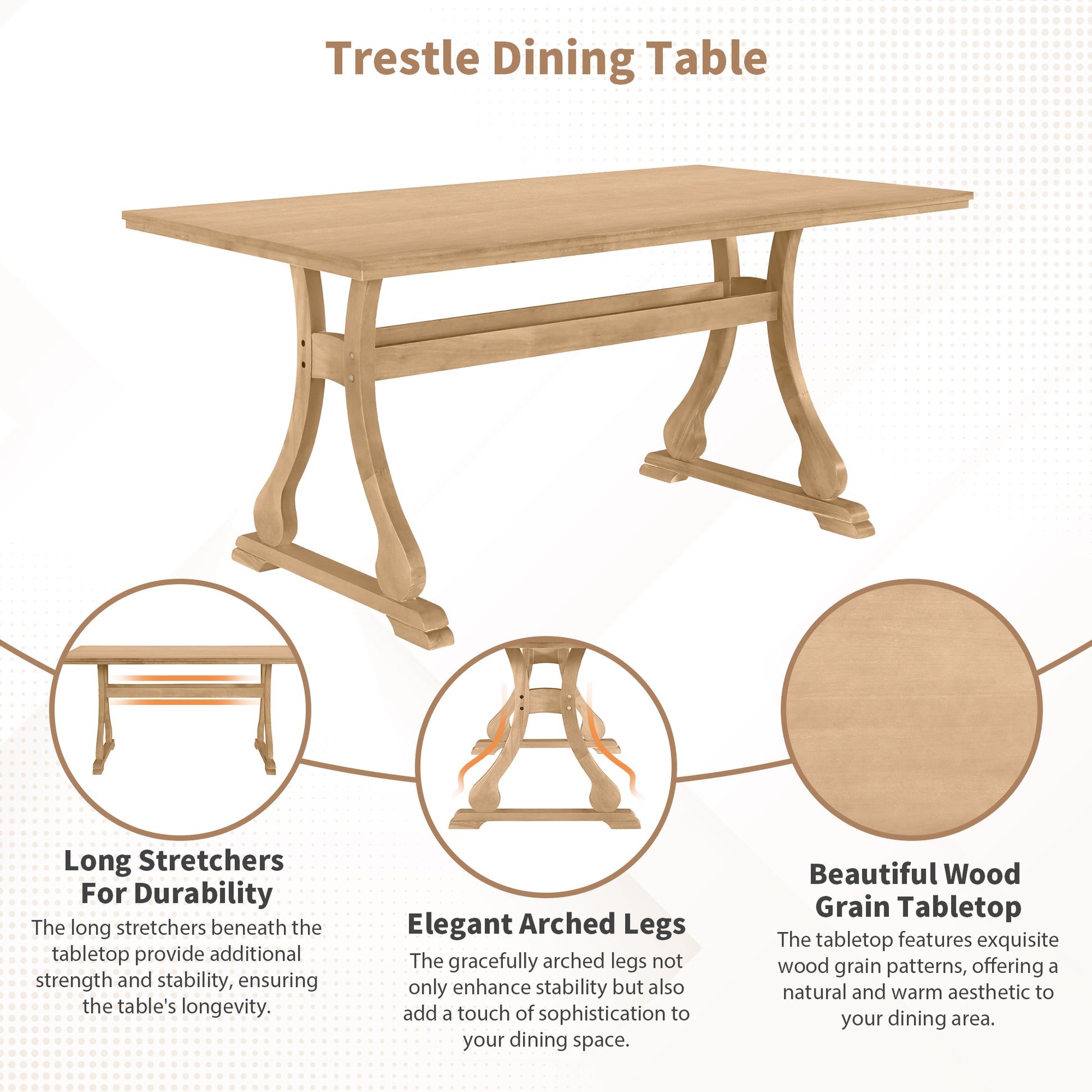 Retro 6 Piece Trestle Dining Table Set With Upholstered Dining Chairs And Dining Bench, Smooth Dining Backs For Dining Room, Living Room, Kitchen, Natural Upholstered Chair Wood Natural Beige Seats 6 Wood Dining Room Solid Wood Rubberwood Trestle