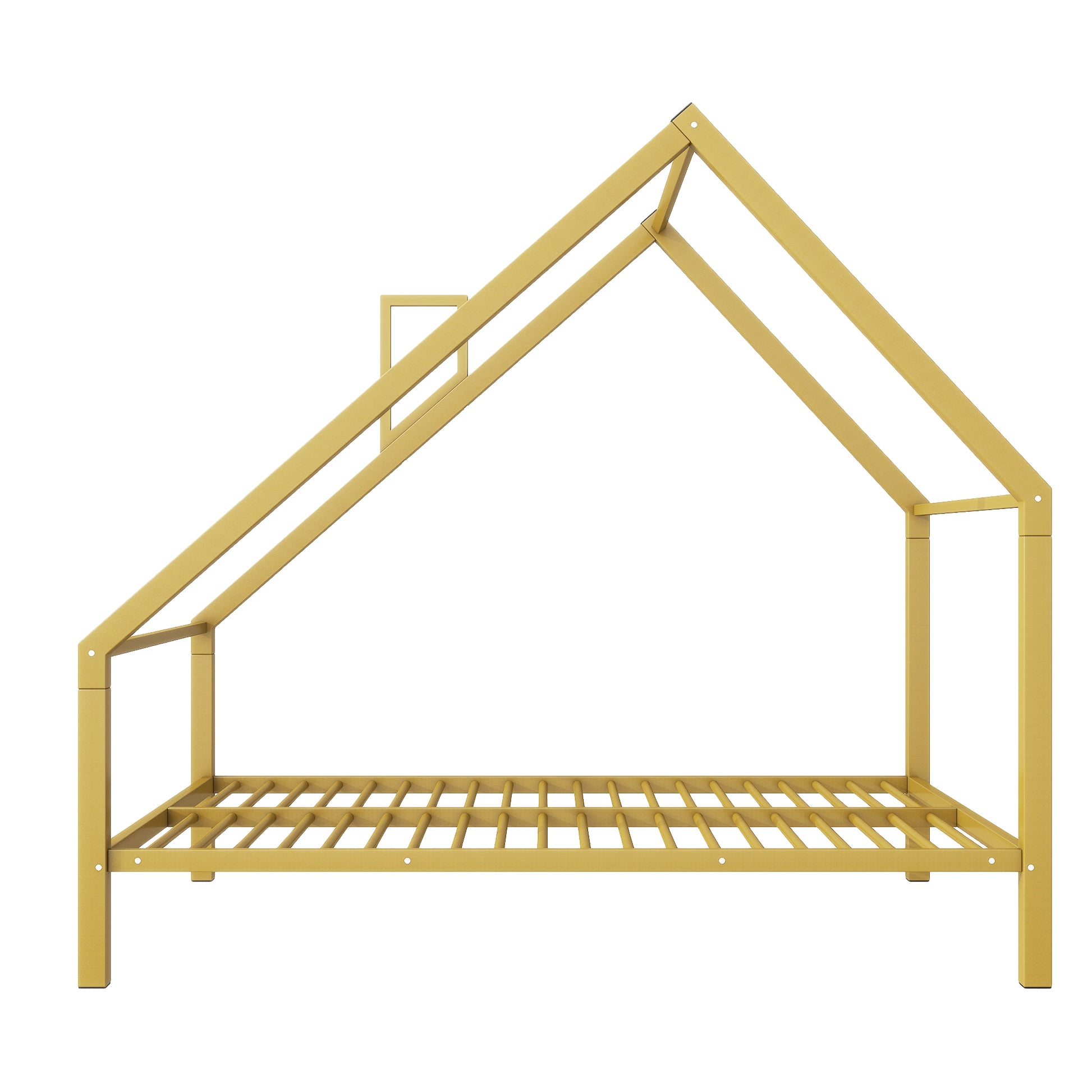 Full Size Metal House Platform Bed With Roof And Chimney, Gold Box Spring Not Required Full Gold Metal Bedroom Bed Frame Metal
