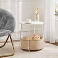 Small Round Side End Table For Living Room, Modern Nightstand Bedside Table With Fabric Basket For Bedroom Nursery, Side Table With Steel Frame White& Beige White Stainless Steel