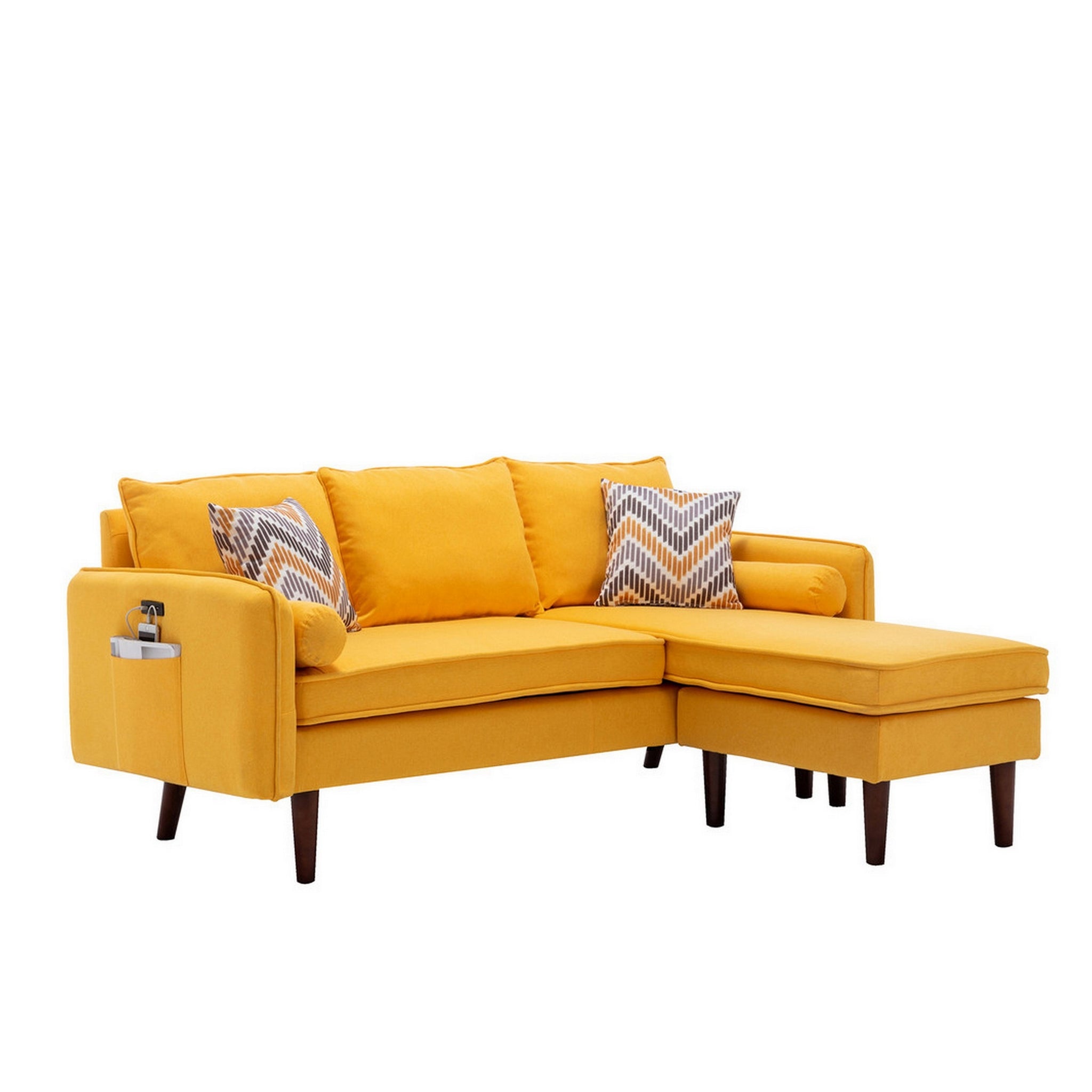 Ranon 70 Inch Sectional Chaise Sofa, Pillows, Usb Ports, Pockets, Yellow Yellow Wood Fabric 3 Seat