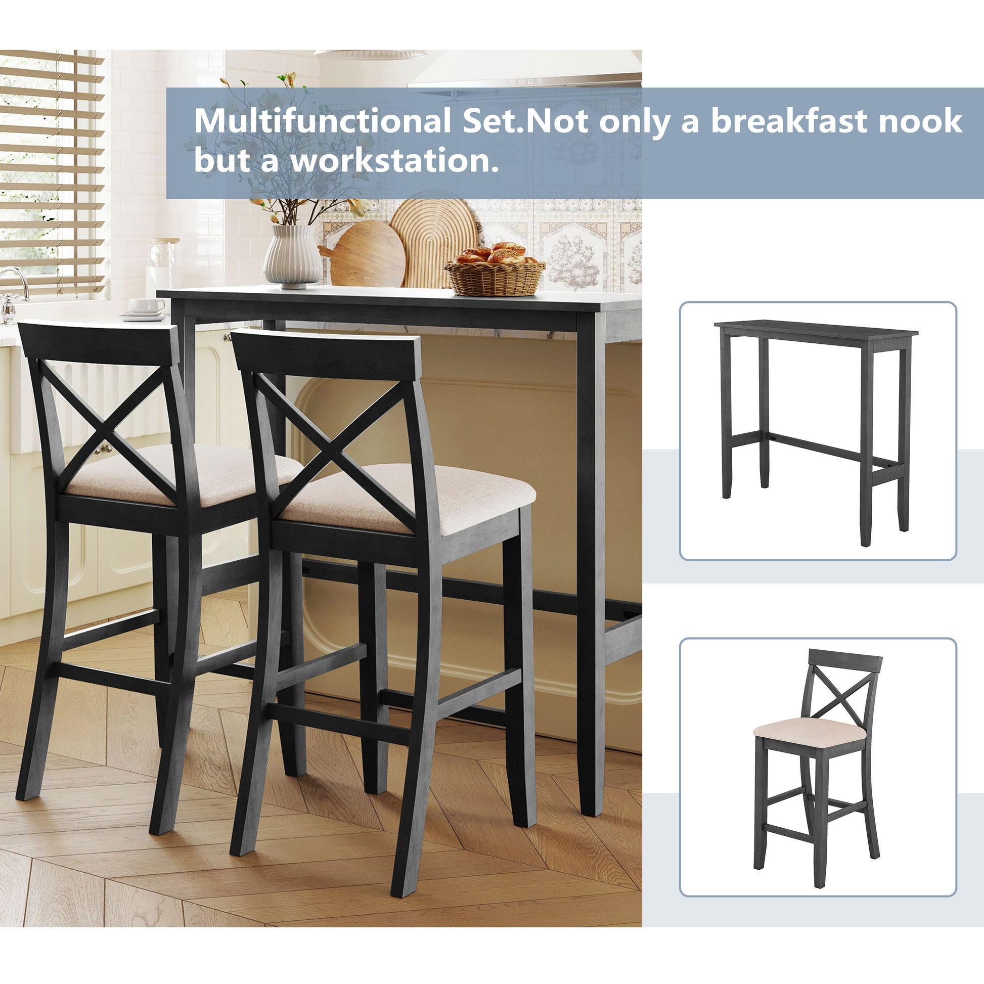 Farmhouse 48"Rectangular Wood Bar Height Dining Set Kitchen Breakfast Nook With 2 Chairs For Small Places,Gray Gray Wood Dining Room Solid Wood Acacia Rectangular Dining Table With Chair Upholstered