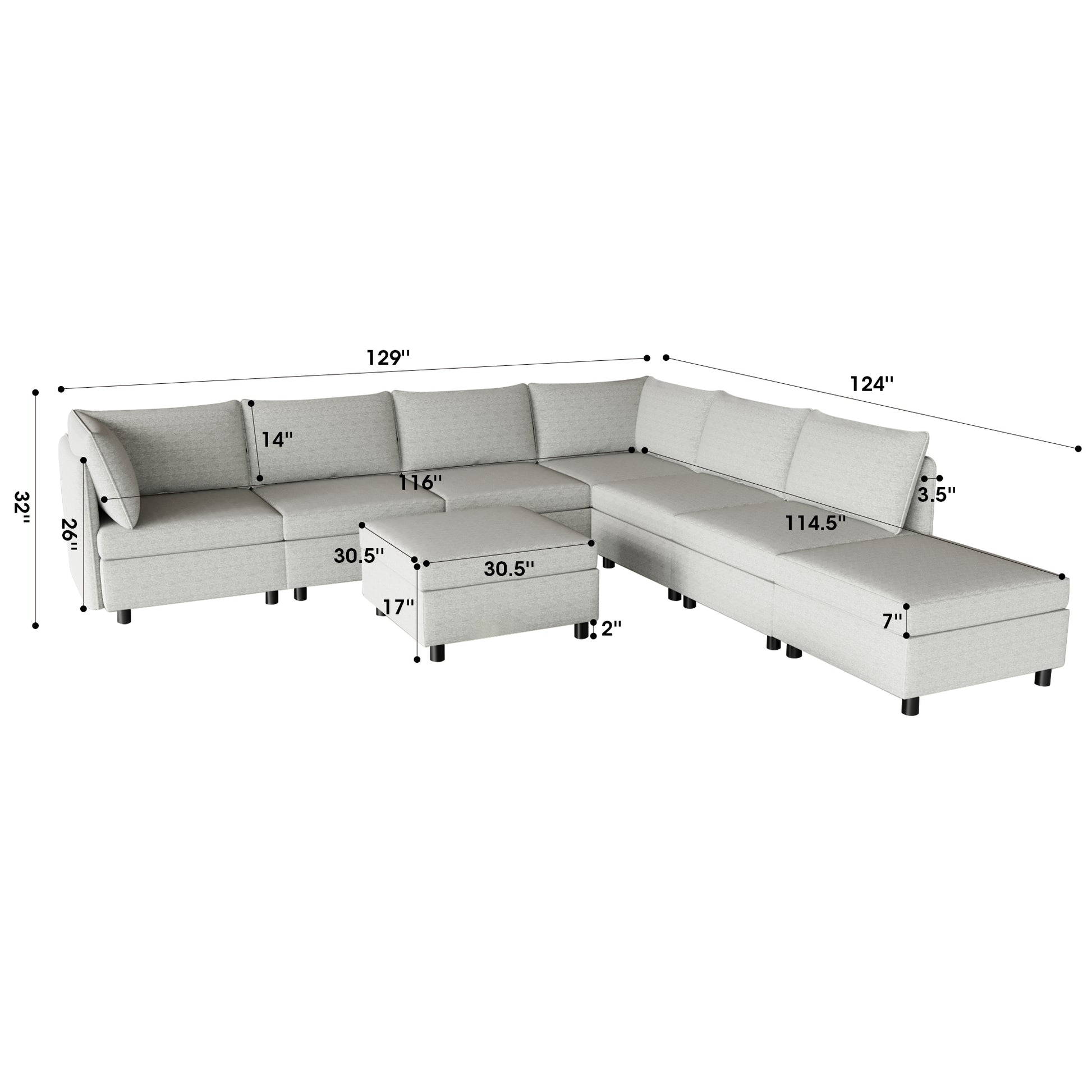 Modular Sectional Sofa, Convertible Sofa Seat With Storage, Sleeper Sectional Sofa Set, Fabric Flexible Modular Combinations For Living Room Grey Fabric 8 Seat