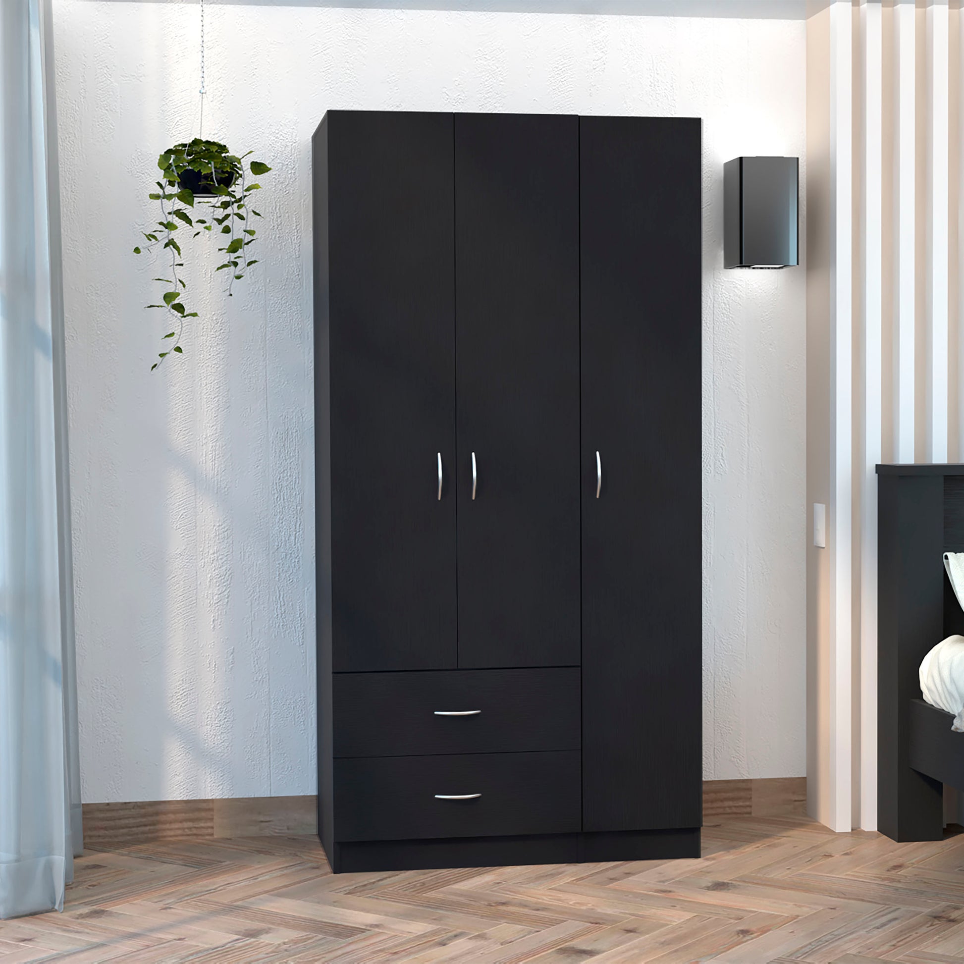 Austral 3 Door Armoire With Drawers, Shelves, And Hanging Rod Black Black Bedroom Modern Particle Board Particle Board